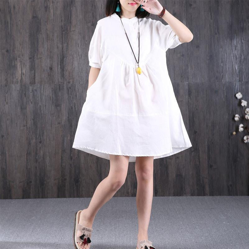 Women Loose Cotton Pocket White Dress