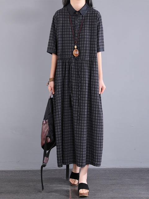 Plus Size Women Artsy Plaid Cotton Dress