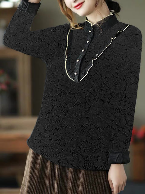 Plus Size Women Elegant Flower Lace Fleece Lined Shirt