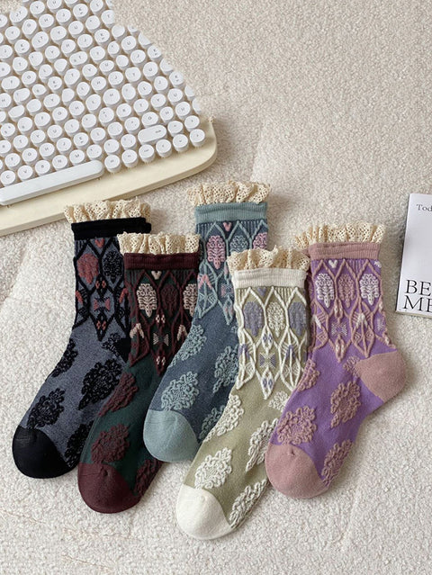 5 Paar Damen Herbstsocken aus Baumwolle mit künstlerischem Blumenmuster