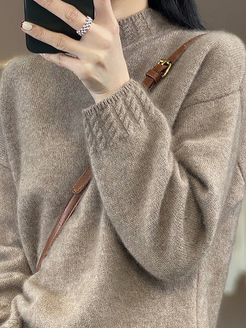 Women Autumn Half-Turtleneck Knit 100%Wool Sweater