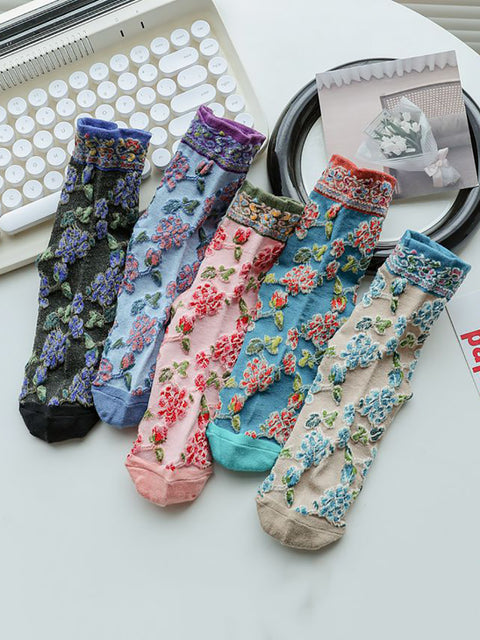 5 Paar Damen-Socken aus Jacquard-Baumwolle mit Vintage-Blumenmuster