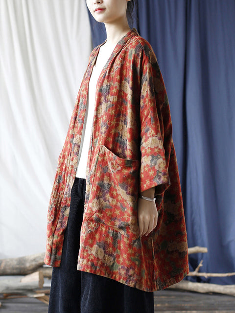 Women Ethnic Floral V-neck Pocket Cardigan Coat