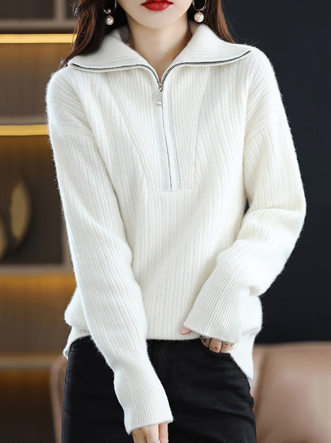 Women Autumn Zipper Knit 100%Wool Turtleneck Sweater