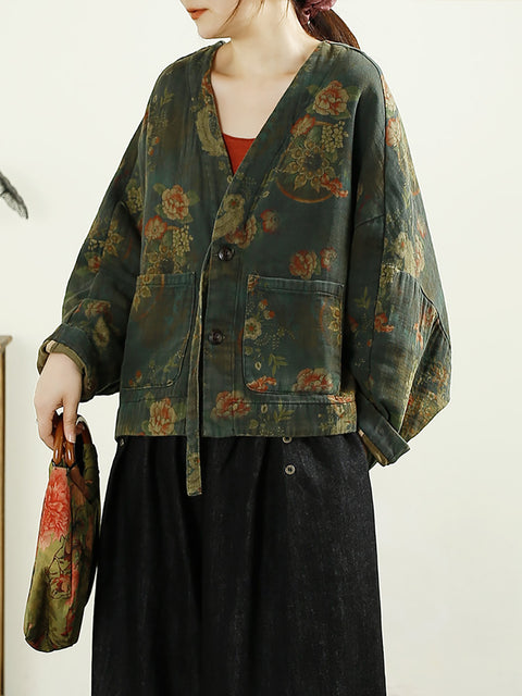 Women Autumn Vintage Flower V-Neck Cotton Coat