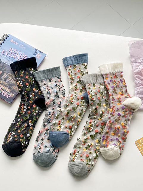 5 Pairs Women Summer Flower Jacquard Thin Socks