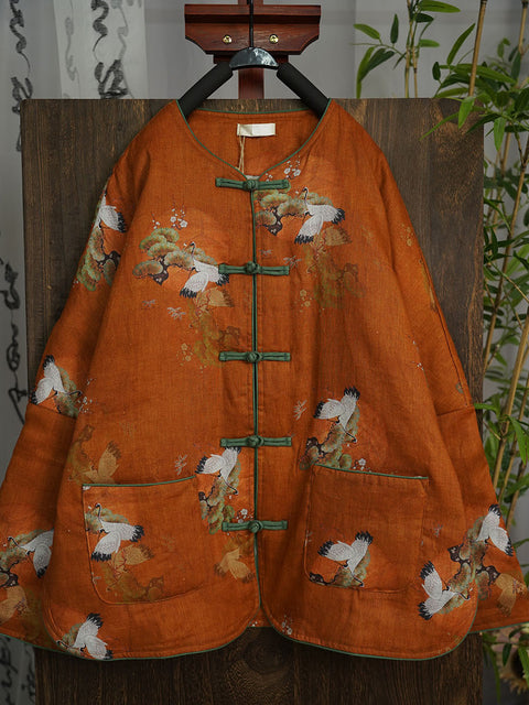 Women Vintage Crane O-Neck Print Linen Padded Coat