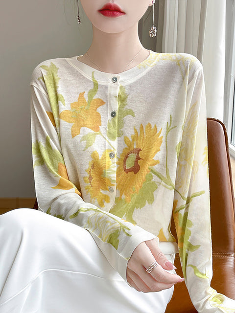 Women Spring Casual Flower O-Neck Thin Shirt