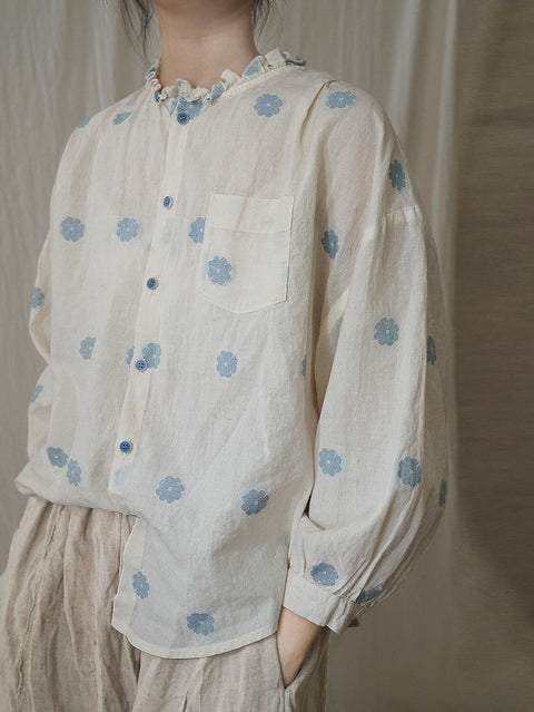 Women Artsy Spring Flower Cotton Lacework Neck Shirt