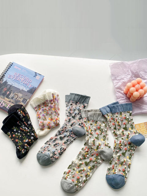 5 Pairs Women Summer Flower Jacquard Thin Socks