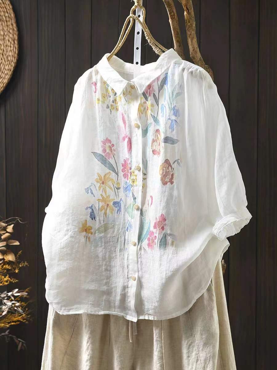 Damen Bluse mit Blumenmuster im Sommerstil aus Ramie