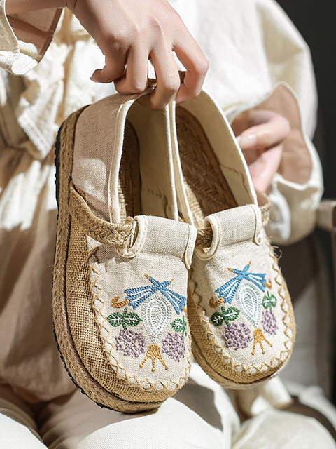 Women Summer Ethnic Flower Embroidert Spliced Shoes