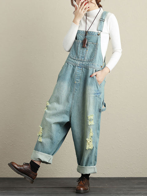 Frauen Sommer Retro Ausgefranste Tasche High-Waist Denim Overalls