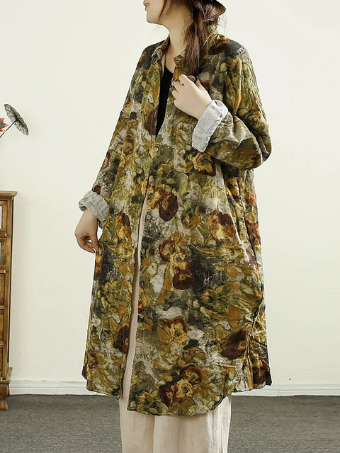 Women Vintage Autumn Flower Button-up Thin Coat