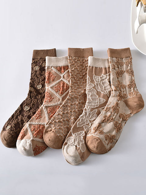 5 Paar Artsy Flower Rhomboids Jacquard-Baumwollsocken