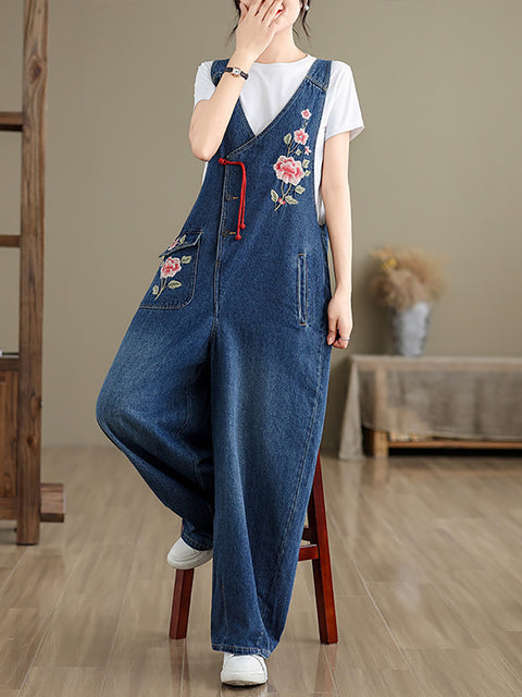 Frauen Frühling Vintage Blumenstickerei Denim Jumpsuits