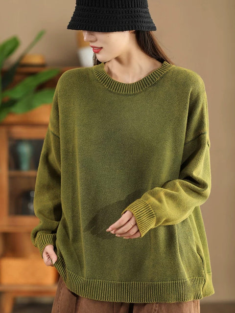 Damen Herbst Lässiger O-Ausschnitt Reine Farbe Strickpullover