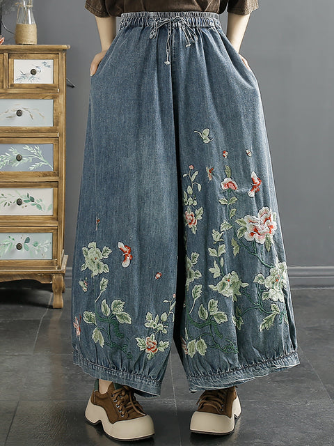 Damen Frühlingsblumen-Stickerei-Denim-Hose mit weitem Bein