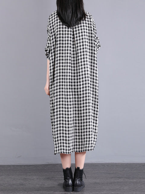 Plus Size Women Casual Plaid Pocket Loose Linen Cardigan Dress