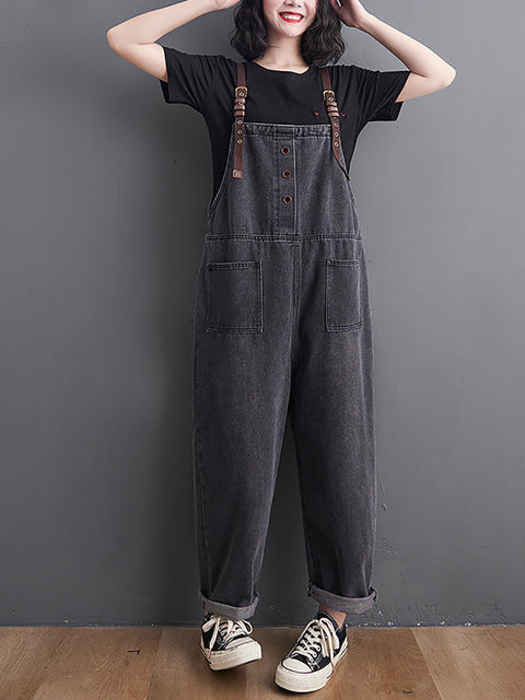 Frauen Retro Frühling Solide Lose Denim Overalls