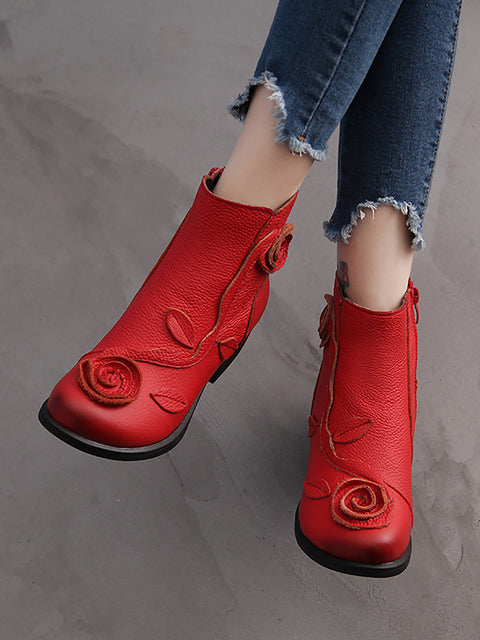 Damen-Retro-Blumen-Leder-Stiefel mit mittelhohem Absatz