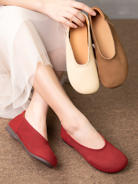 Women Summer Casual Solid Soft Leather Flat Shoes