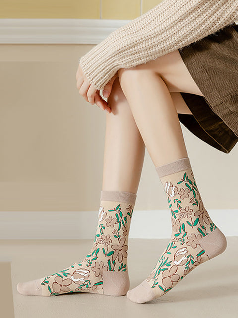 5 Paar Damensocken aus Baumwolle mit künstlerischem Blumenmuster im Jacquard-Stil