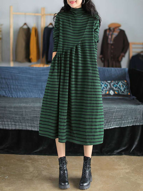 Plus Size Women Autumn Stripe Turtleneck Cotton Dress