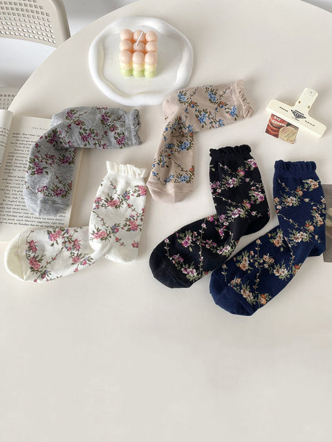 5 Paar Damensocken aus Baumwolle mit Blumenmuster im Jacquard-Stil