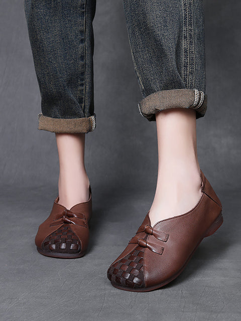 Women Vintage Soft Leather Weave Low Heel Shoes