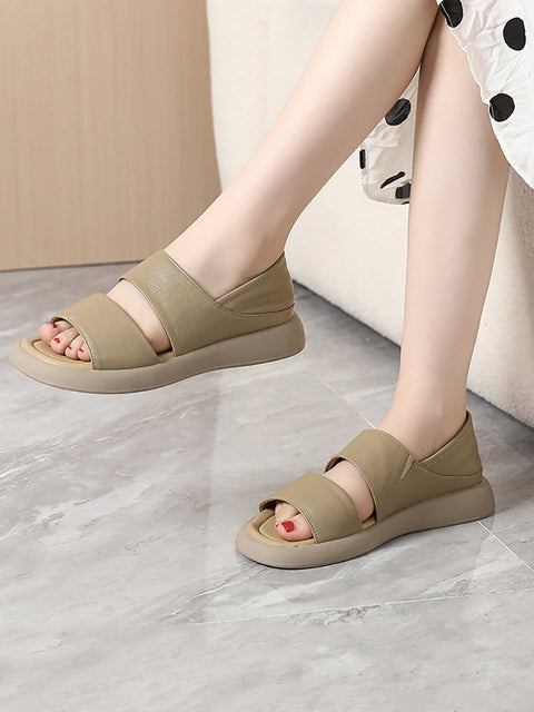 Women Summer Solid Leather Soft Flat Peep-toe Shoes