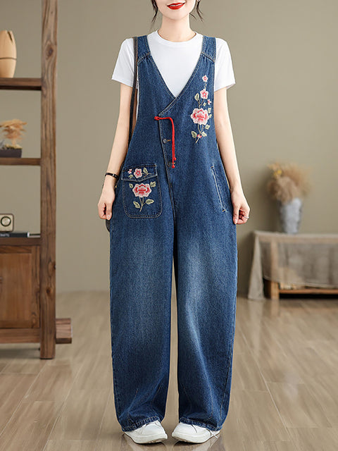 Frauen Frühling Vintage Blumenstickerei Denim Jumpsuits