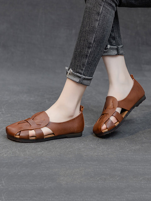 Frauen Sommer solide Vintage Leder aushöhlen weiche Schuhe