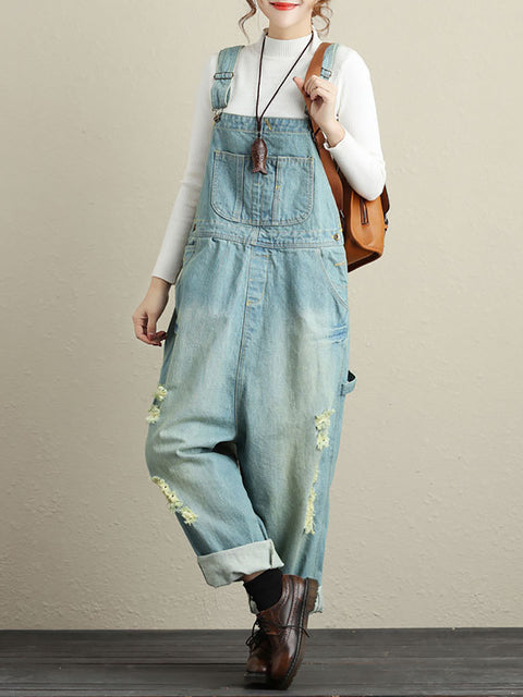 Frauen Sommer Retro Ausgefranste Tasche High-Waist Denim Overalls