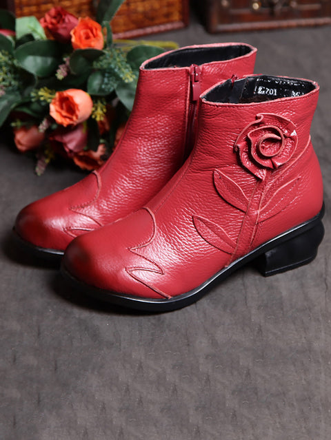 Women Retro Leather Flower Spliced Ankle Boots