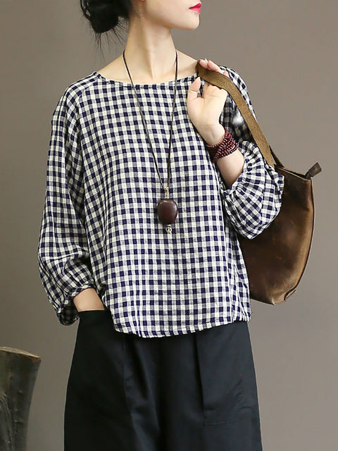 Plus Size Women Summer Vintage Plaid Loose Pullover Cotton Shirt