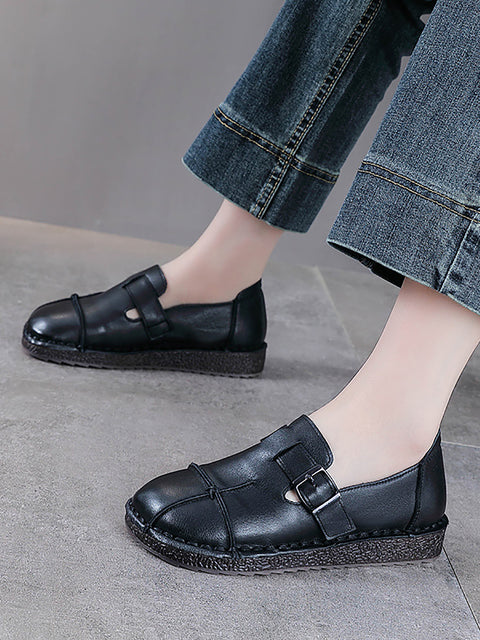 Women Vintage Solid Leather Spliced Low Heel Shoes