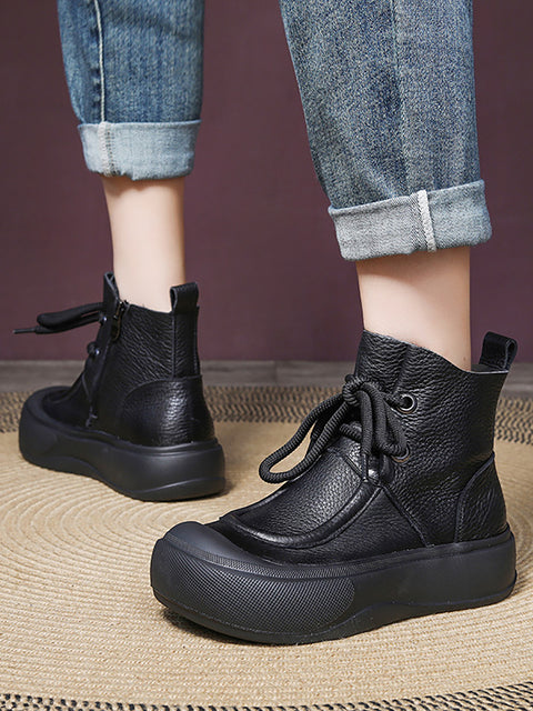 Women Casual Winter Solid Leather Strap Platform Boots