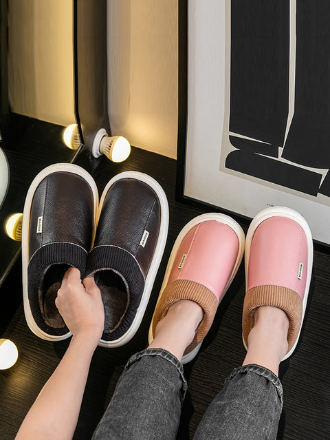 Couple Winter Fleece-lined Leather Slippers