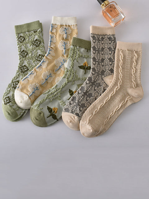 7 Pairs Women Vintage Embossment Jacquard Socks