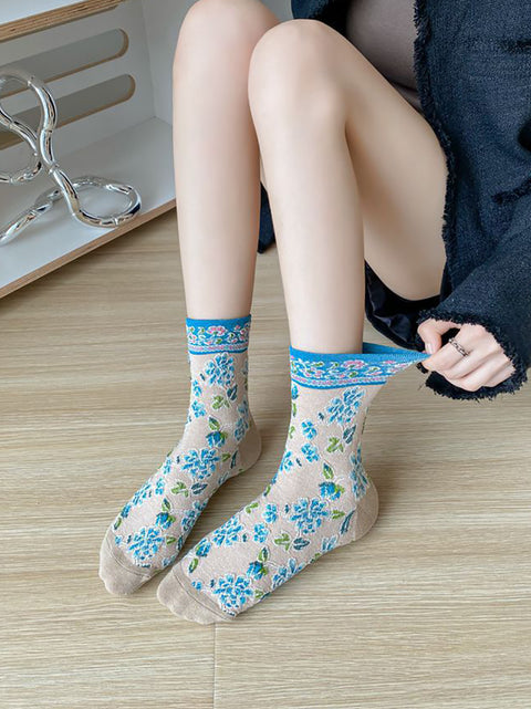 5 Pairs Women Vintage Floral Jacquard Cotton Socks