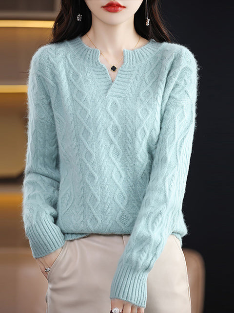 Women Autumn V-Neck Wool Twist Knit Sweater