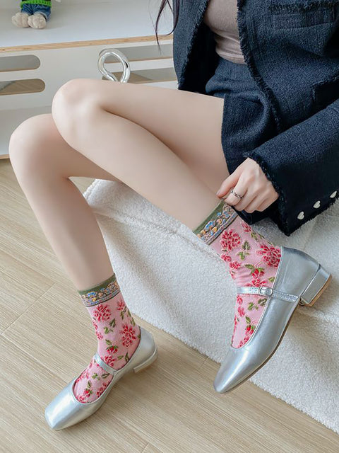 5 Pairs Women Vintage Floral Jacquard Cotton Socks