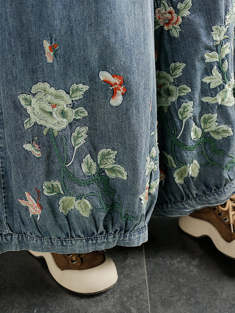 Damen Frühlingsblumen-Stickerei-Denim-Hose mit weitem Bein