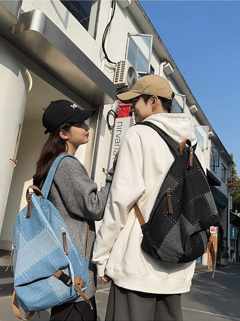 Lässiger, gespleißter Denim-Rucksack mit Aufnähern