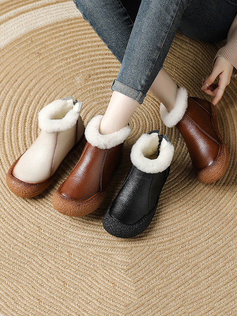 Women Casual Leather Spliced Fleece-lined Flat Shoes