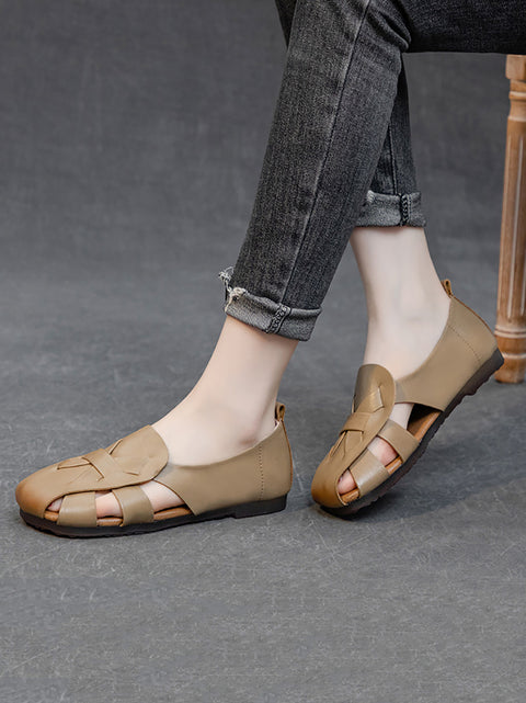 Frauen Sommer solide Vintage Leder aushöhlen weiche Schuhe