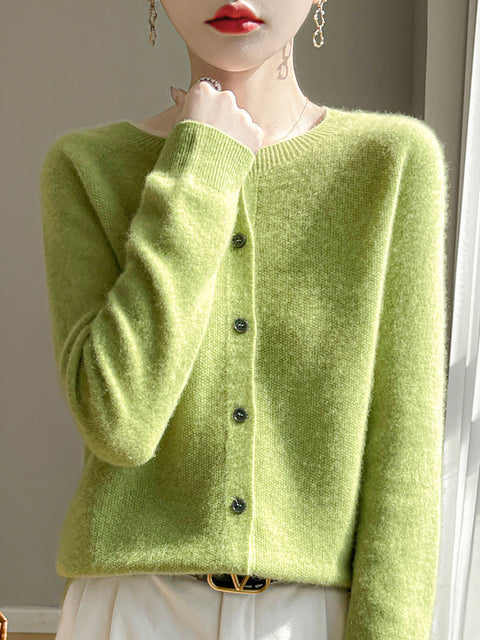 Women Autumn Wool O-Neck Cardigan Knit Sweater