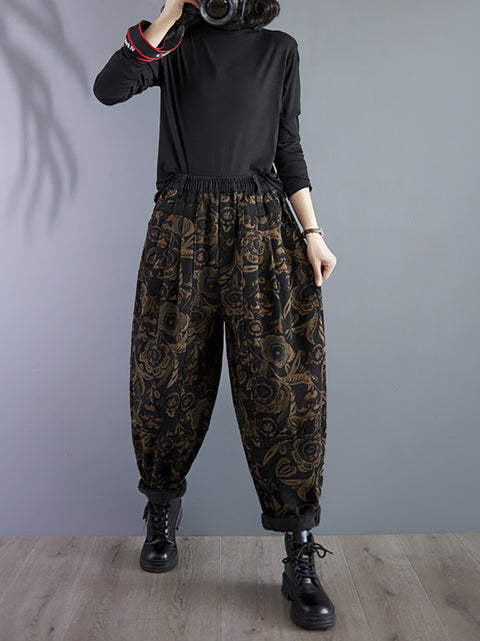 Women Retro Flower Winter Fleece-lined Harem Pants