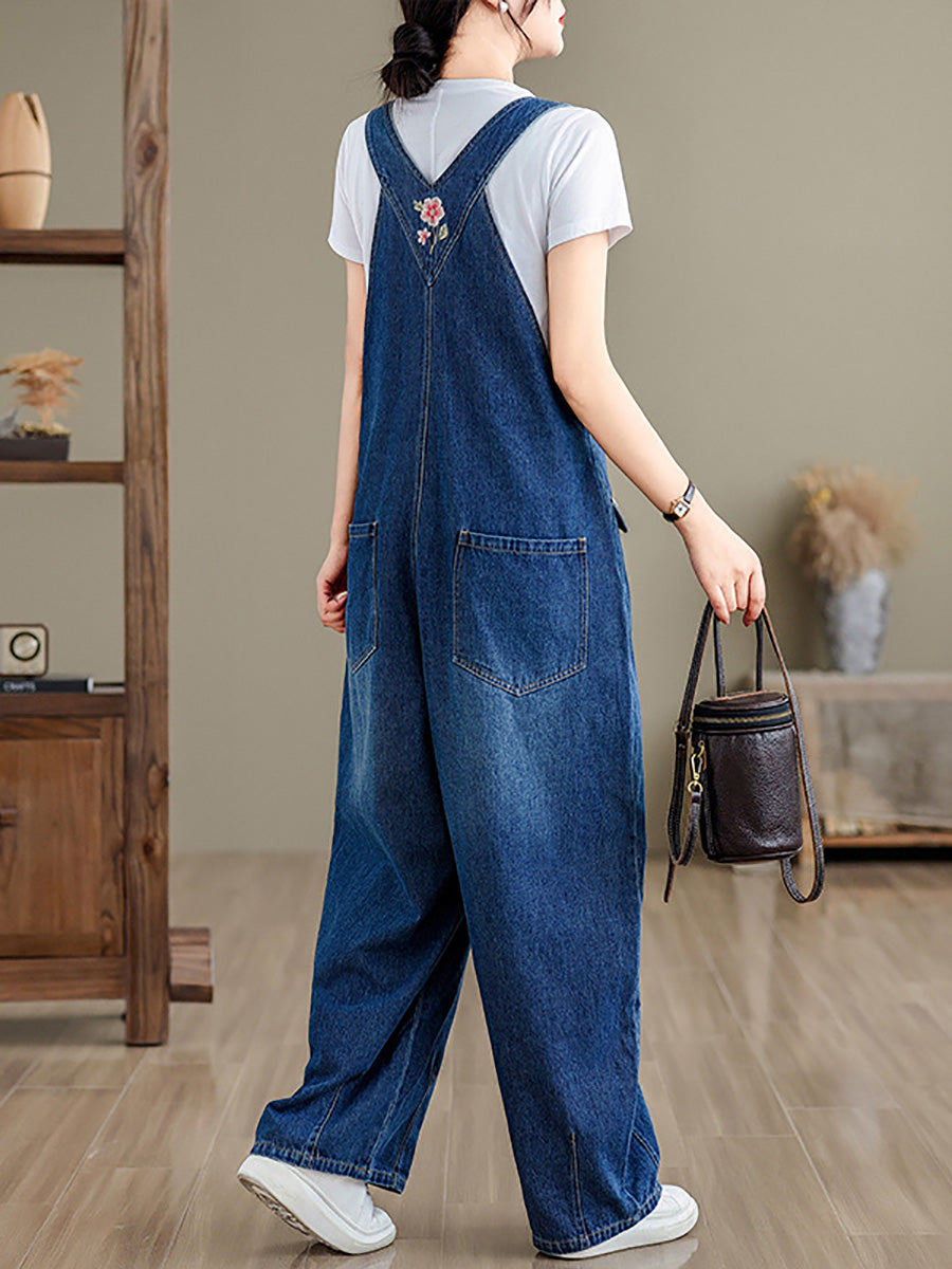 Frauen Frühling Vintage Blumenstickerei Denim Jumpsuits